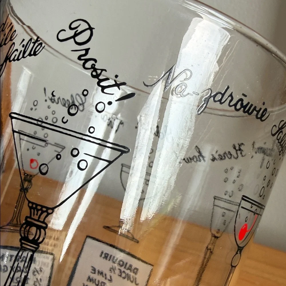 Vintage MCM Cocktail Recipe Mixing Glass Multi-Language Cheers Barware (No Lid)